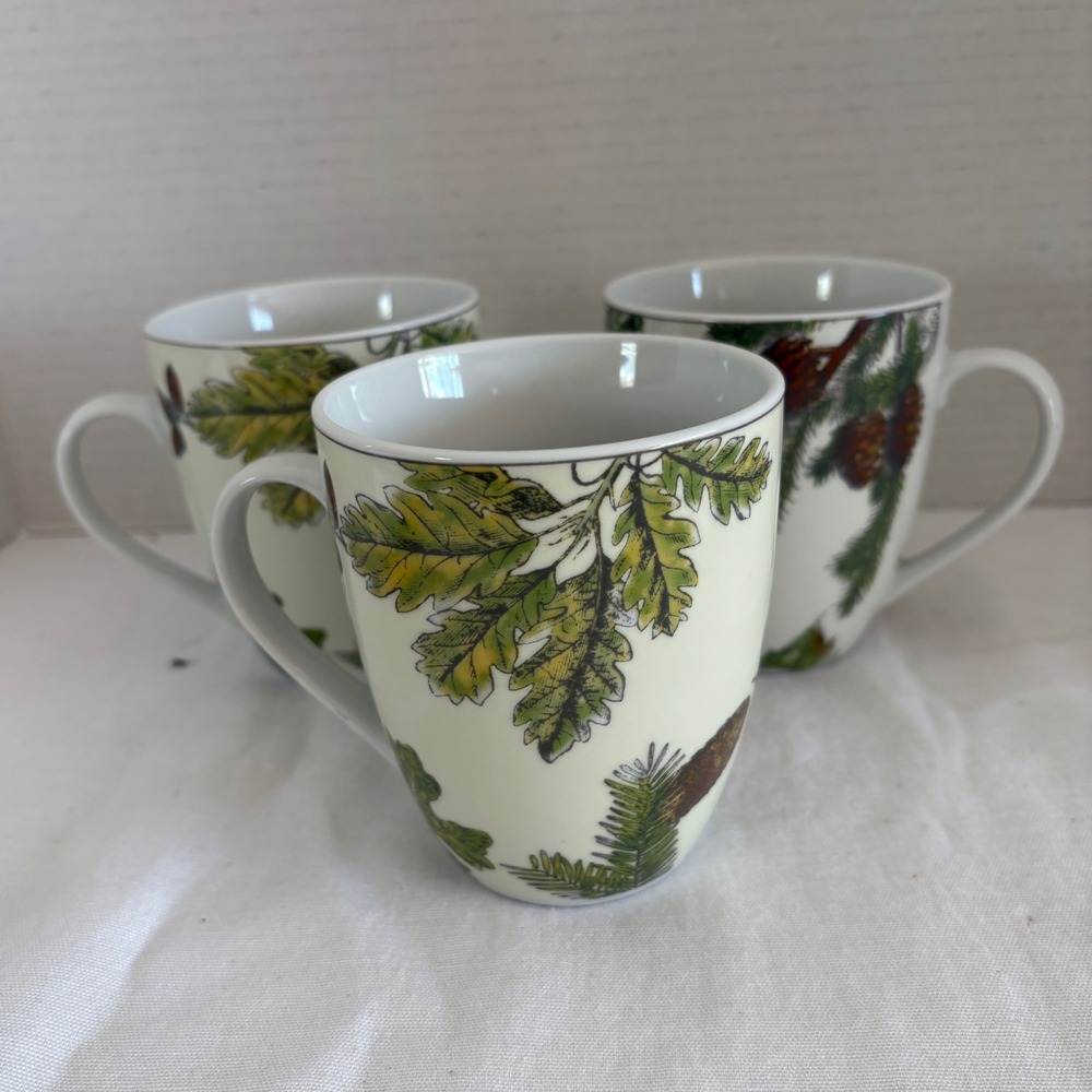 Pfaltzgraff Everyday Painted Forest Mugs Set of‎ 3 Woodland Pinecone Oak Leaf